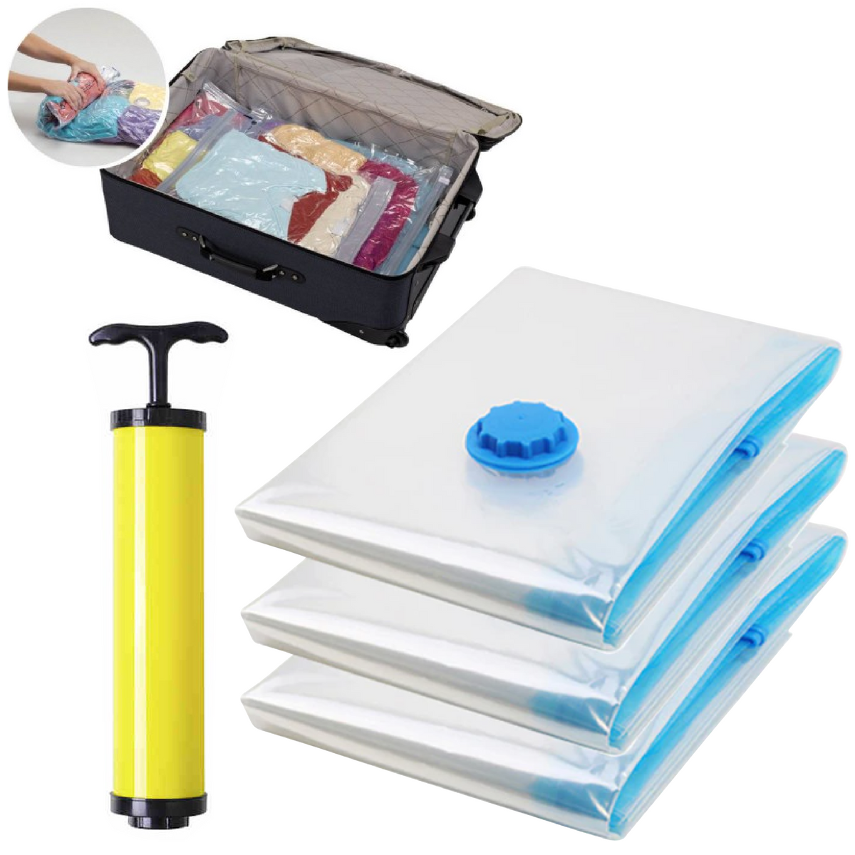 Bolsas al vacío x3 con bomba manual para ropa